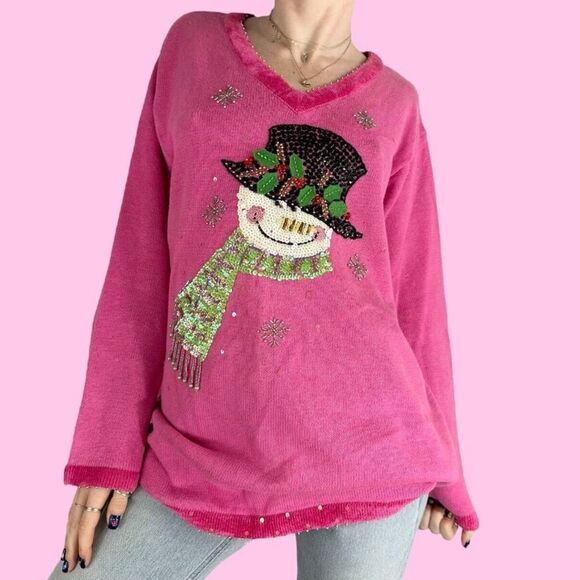 VTG Quaker Factory Pink Beaded Embroidered Snowman Sweater Sz 1X Winter Holidays - Picture 1 of 8